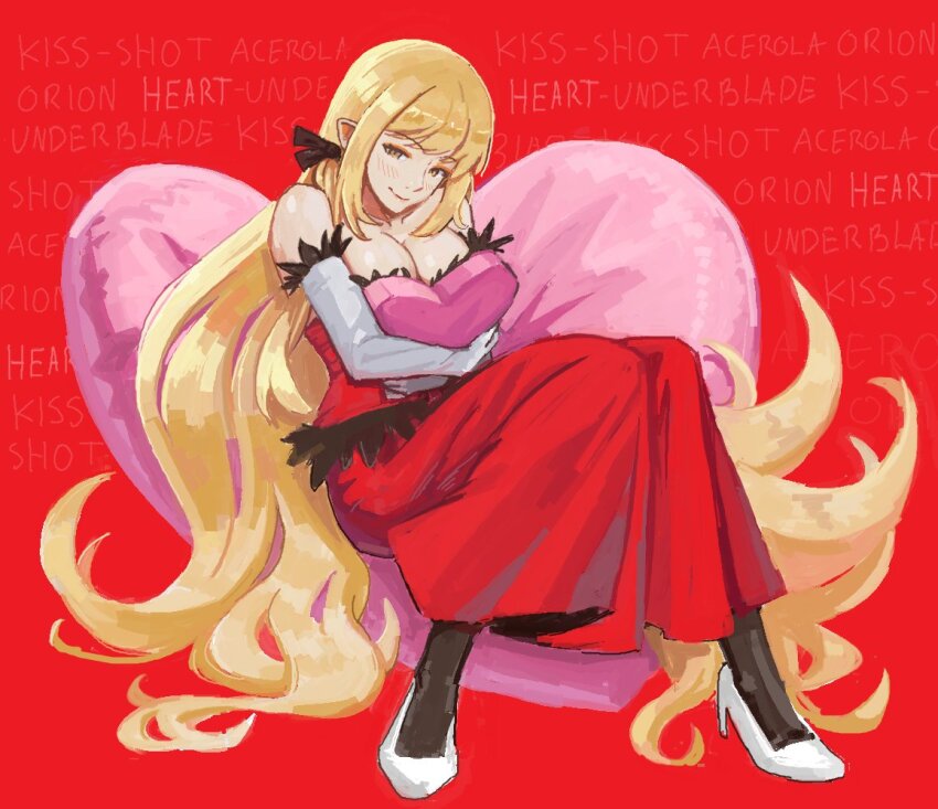 absurdly_long_hair, bare_shoulders, black_pantyhose, black_ribbon, blonde_hair, box, breasts, character_name, cleavage, elbow_gloves, feather-trimmed_gloves, feather-trimmed_shirt, full_body, gloves, hair_ribbon, heart, heart-shaped_box, heart-shaped_pillow, high_heels, hugging_object, kiss-shot_acerola-orion_heart-under-blade, knees_together_feet_apart, knees_up, large_breasts, long_hair, mature_female, monogatari_(series), oshino_shinobu, pantyhose, pillow, pink_box, pink_pillow, red_background, ribbon, ricman_rt, shirt, shoes, sitting, skirt, skirt_set, smile, strapless, strapless_shirt, text_background, very_long_hair, white_gloves, white_shoes