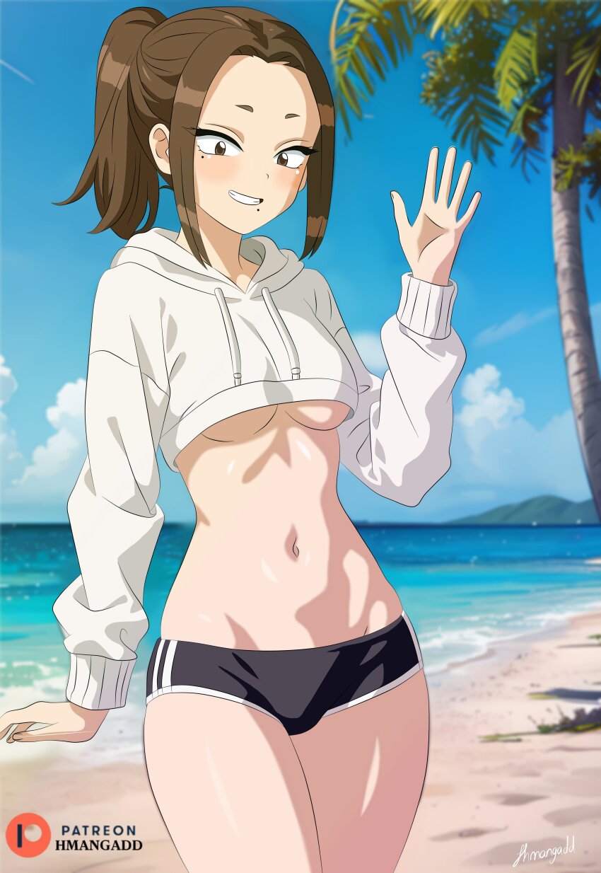 1girl, absurdres, beach, black_shorts, breasts, brown_eyes, brown_hair, cloud, commentary, contrail, cowboy_shot, cropped_hoodie, cumulonimbus_cloud, english_commentary, grin, groin, hand_up, highres, hmangadd, hood, hood_down, hoodie, komi-san_wa_komyushou_desu, long_sleeves, looking_at_viewer, mole, mole_under_eye, mole_under_mouth, multiple_moles, navel, onemine_nene, open_mouth, outdoors, palm_tree, patreon_logo, patreon_username, shorts, sky, smile, solo, standing, summer, teeth, tree, waving, white_hoodie