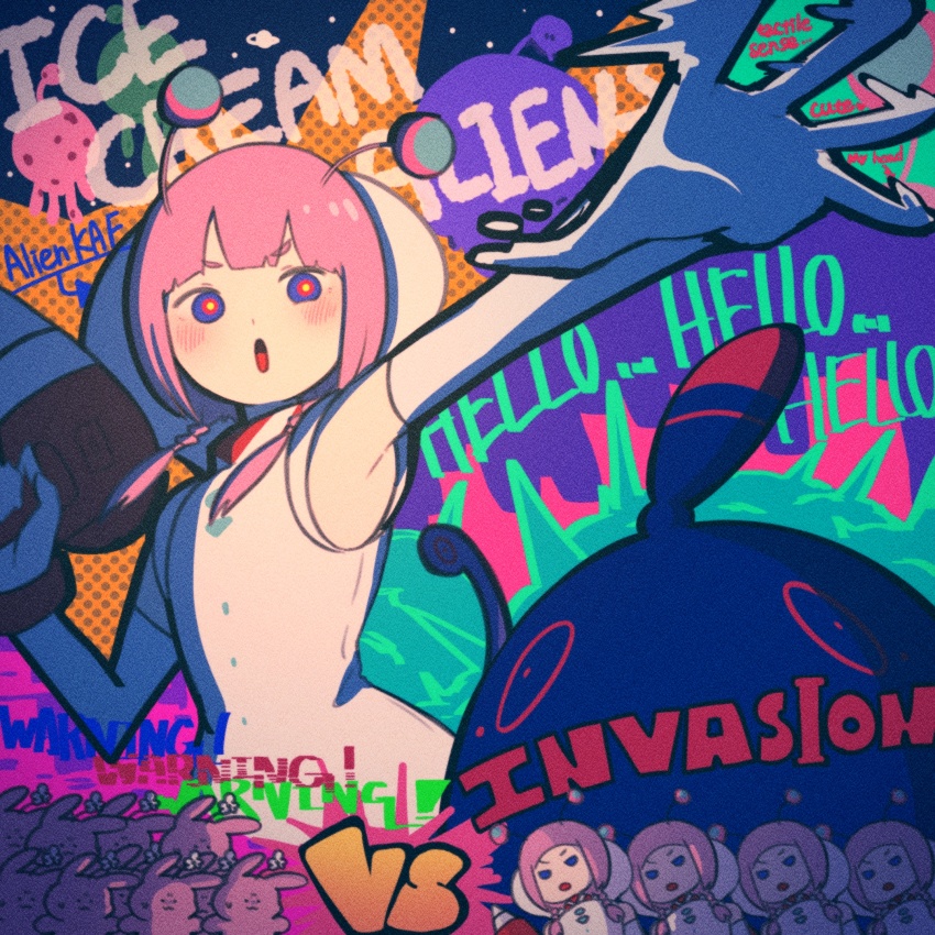 5girls, :o, alien_costume, antennae, armpits, blue_eyes, blunt_bangs, blush