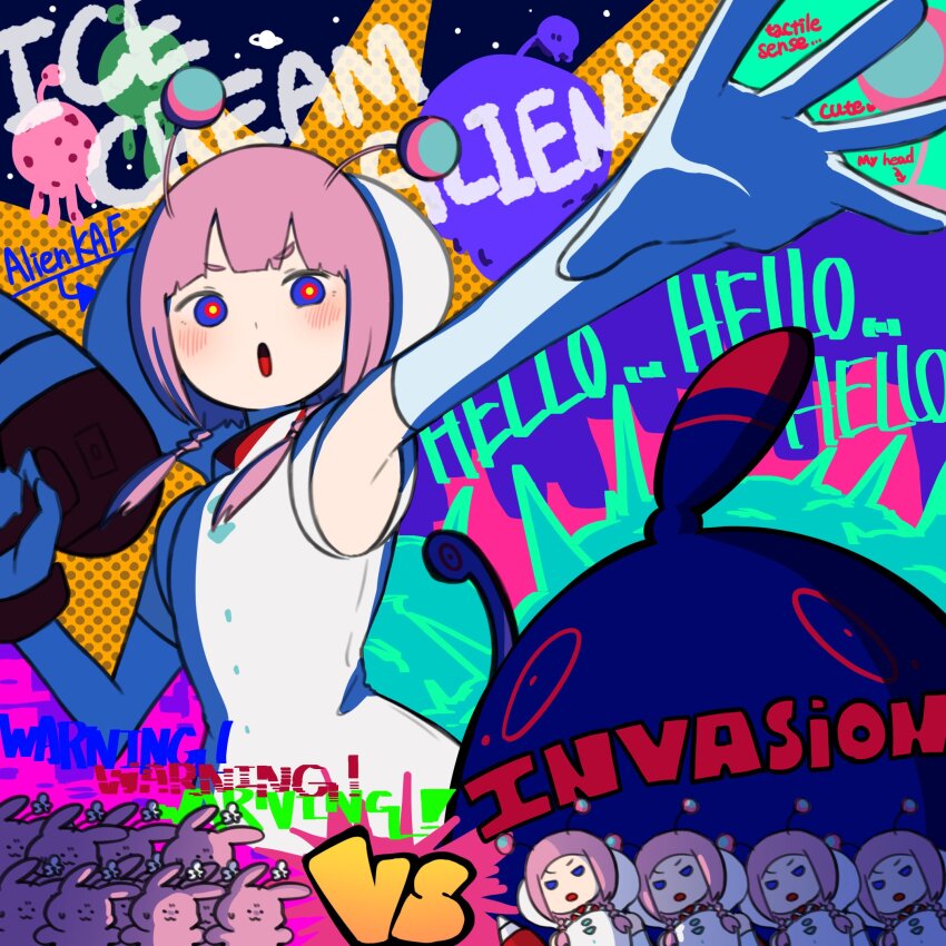 5girls, :o, alien_costume, antennae, armpits, blue_eyes, blunt_bangs, blush