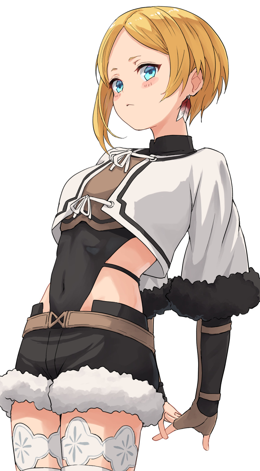 1girl, arms_behind_back, black_leotard, black_shorts, blonde_hair, blue_eyes, closed_mouth, covered_navel