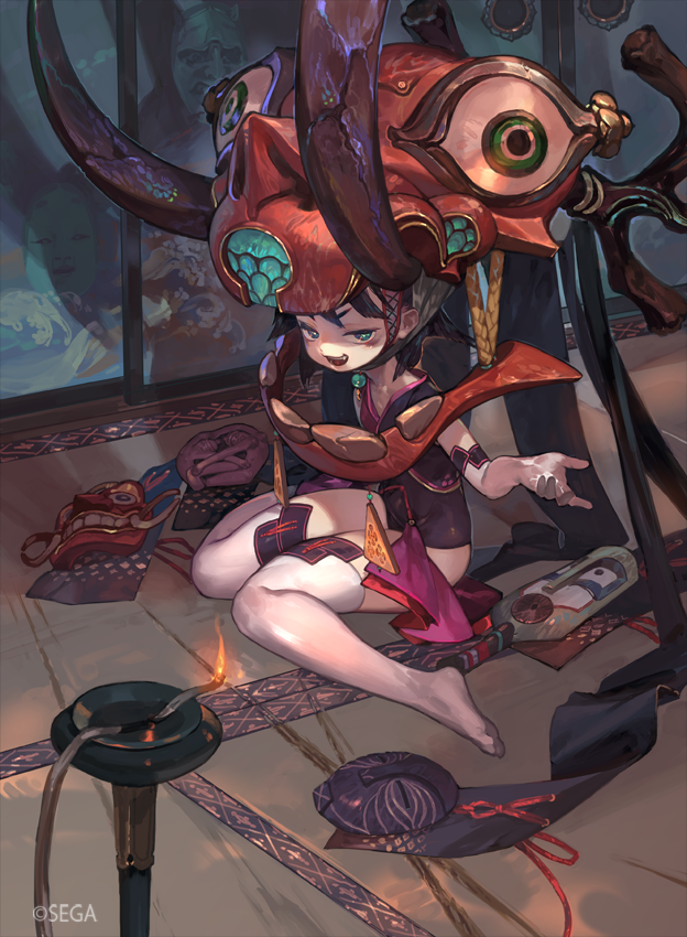 1girl, african_mask, black_hair, black_shirt, fire, full_body, green_eyes, incense, koshoushou_(sengoku_taisen), looking_at_viewer, mask, official_art, open_mouth, sengoku_taisen, shirt, short_hair, sitting, sleeveless, sleeveless_shirt, so-taro, solo, tatami, thighhighs, white_thighhighs