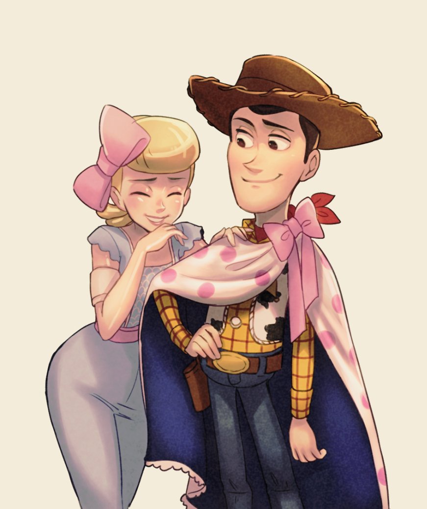 1boy, 1girl, belt, blonde_hair, bo_peep_(toy_story), bow, hair_bun, hat