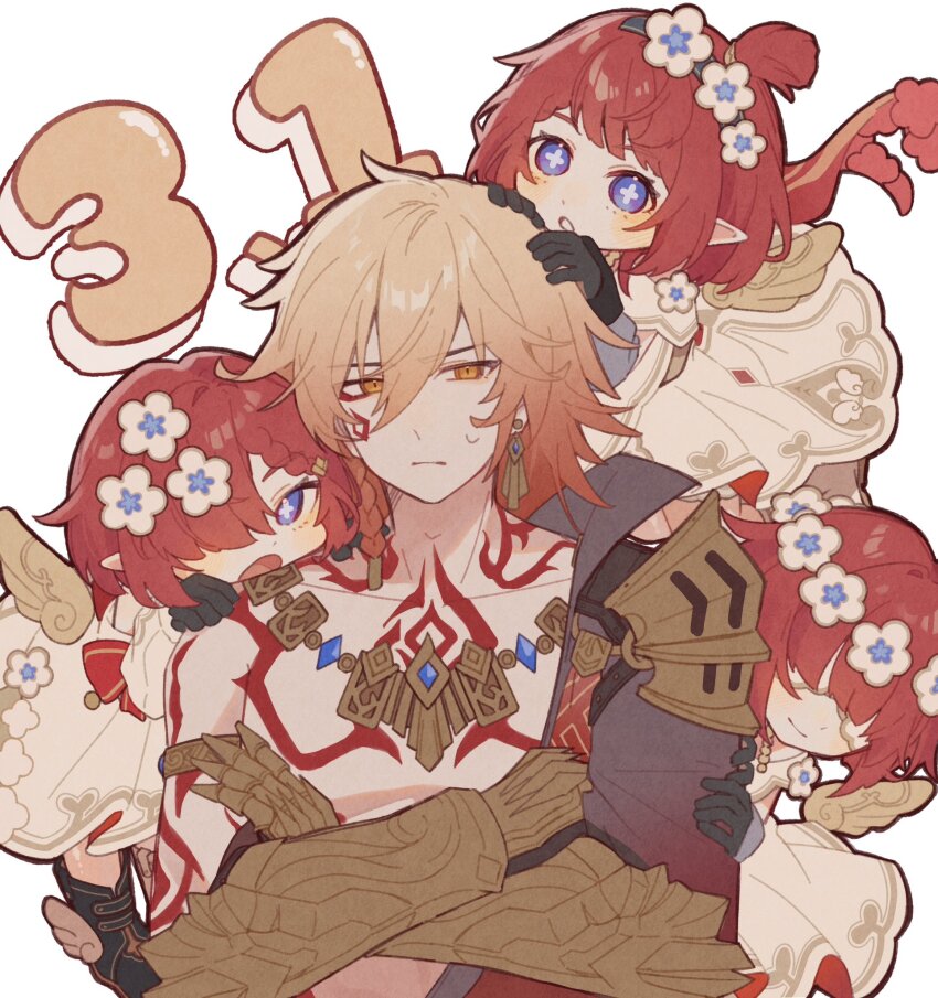 1boy, 3girls, :o, angel_wings, arm_tattoo, armlet, armor, black_boots