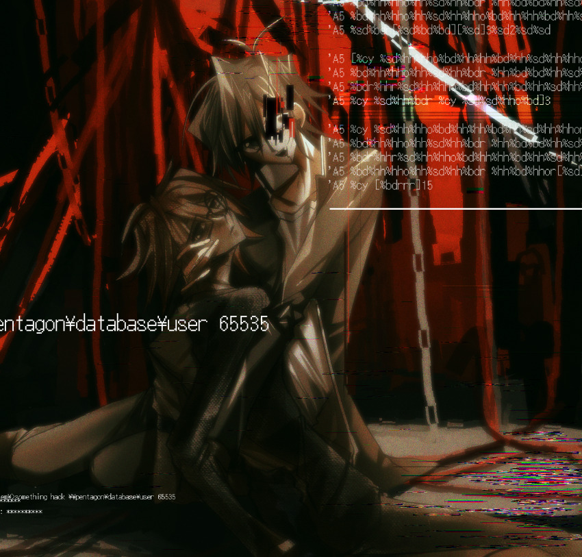 2boys, black_eyes, black_hair, gakuran, glasses, glitch, highres, male_focus