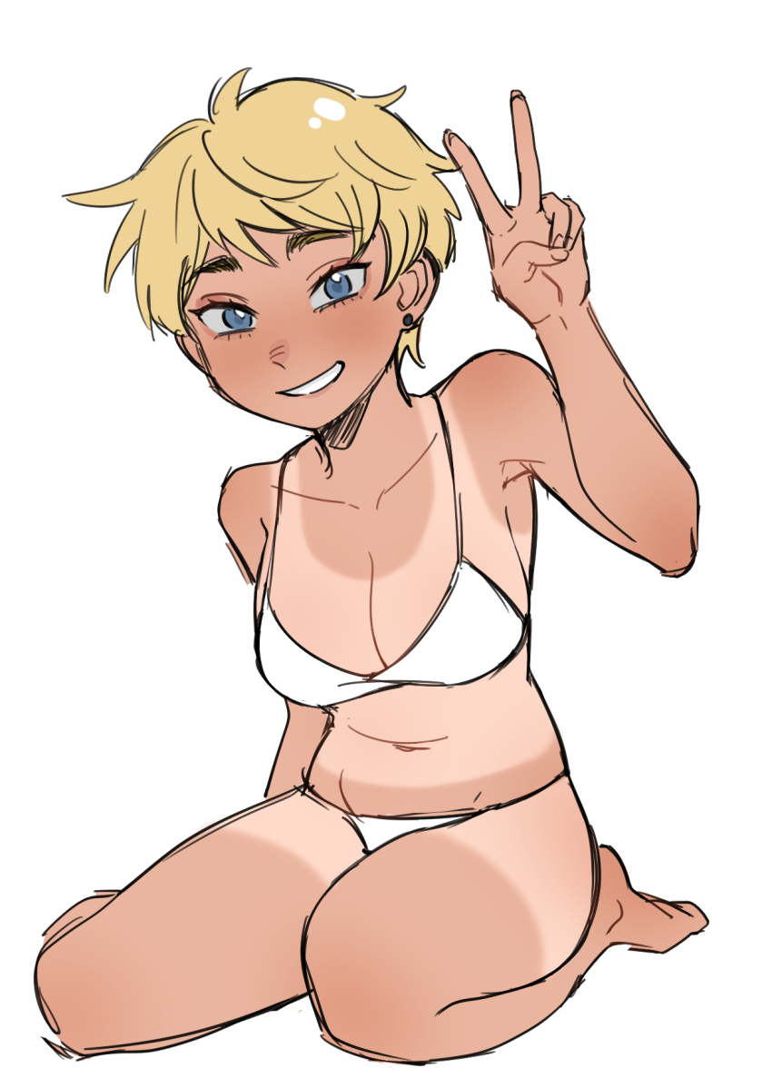 1girl, bikini, blonde_hair, blue_eyes, blush, breasts, earrings, eyelashes, full_body, hand_up, highres, jewelry, large_breasts, mokouze, original, short_hair, simple_background, sitting, smile, solo, swimsuit, tan, tanline, tomboy, v, very_short_hair, white_background, white_bikini