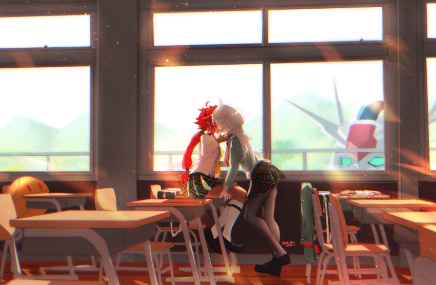 2girls, absurdres, bag, black_hairband, black_pantyhose, black_shoes, chromatic_aberration, classroom