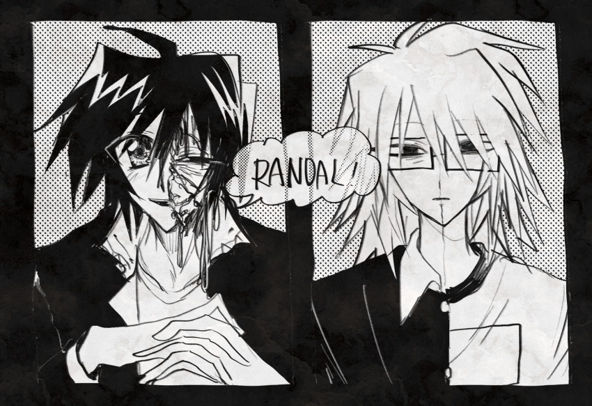 2boys, gakuran, glasses, greyscale, highres, looking_at_viewer, male_focus, melting