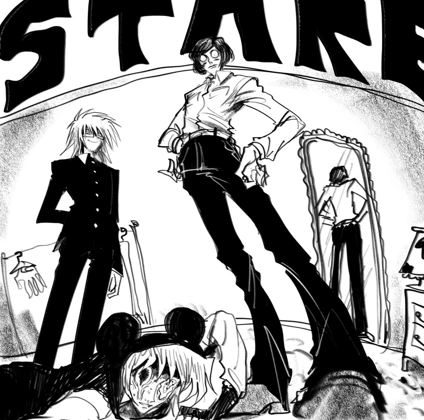 3boys, animal_hat, coat, english_text, glasses, greyscale, hands_on_own_hips, hat