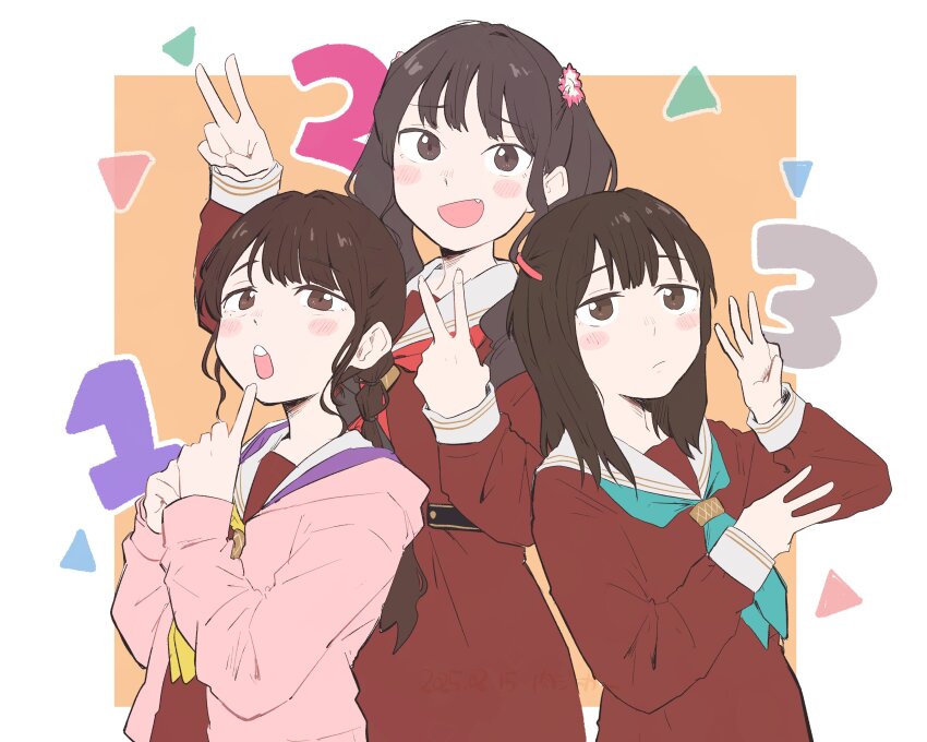 3girls, :d, absurdres, animification, aqua_neckerchief, blush, border, brown_dress, brown_eyes, brown_hair, closed_mouth, commentary, dress, finger_counting, finger_counting_trio, frown, hasu_no_sora_school_uniform, highres, hood, hooded_jacket, jacket, kan_kanna, kurusu_rin, link!_like!_love_live!, long_hair, long_sleeves, looking_at_viewer, love_live!, mira-cra_park!, multi-tied_hair, multiple_girls, neckerchief, nervous_smile, nikujaga_(tmn6_6), open_clothes, open_jacket, open_mouth, orange_background, outside_border, pink_jacket, ponytail, real_life, red_neckerchief, sailor_collar, sailor_dress, school_uniform, smile, teeth, tsukine_kona, twintails, two_side_up, upper_teeth_only, voice_actor, white_border, white_sailor_collar, winter_uniform, yellow_neckerchief