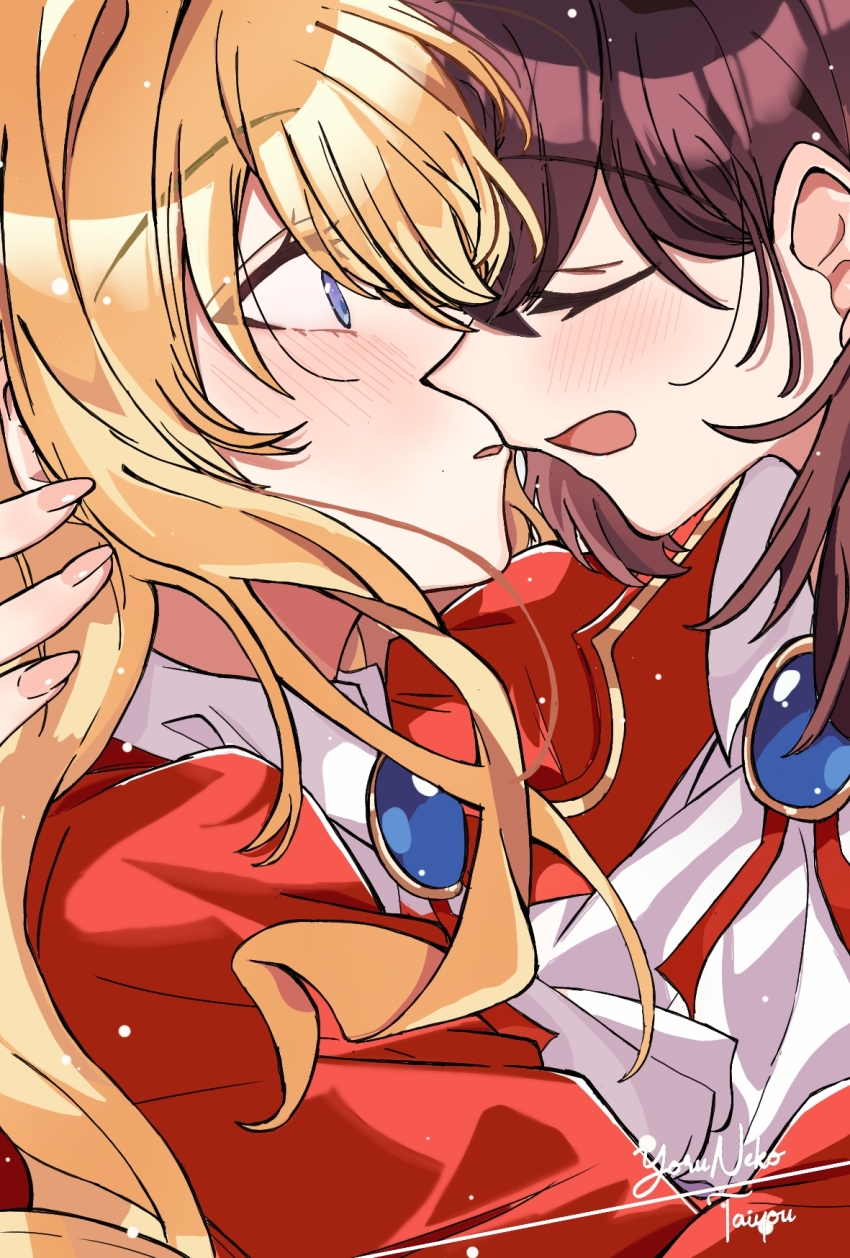 2girls, ascot, blonde_hair, blue_eyes, blush, brooch, brown_hair, claire_francois