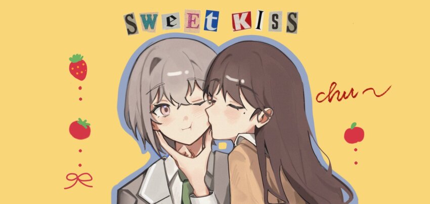 2girls, bang_dream!, bang_dream!_it's_mygo!!!!!, blue_outline, brown_dress, brown_hair, closed_eyes, commentary