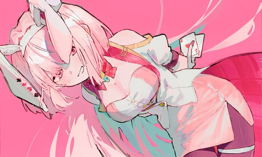 1girl, ace_(playing_card), ace_of_hearts, ame5972, animal_ear_hairband, animal_ears, arms_behind_back, black_pantyhose, blunt_bangs, bow, bowtie, breasts, buttons, card, cleavage, clothing_cutout, fake_animal_ears, floating_hair, grin, hairband, heart, holding, holding_card, leaning_to_the_side, long_hair, looking_at_viewer, medium_breasts, nail_polish, nijisanji, pantyhose, pink_background, pink_eyes, pink_hair, pink_nails, playing_card, puffy_short_sleeves, puffy_sleeves, rabbit_ear_hairband, rabbit_ears, shiina_yuika, shiina_yuika_(12th_costume), short_sleeves, shoulder_cutout, side_slit, smile, solo, standing, tailcoat, thigh_strap, very_long_hair, virtual_youtuber