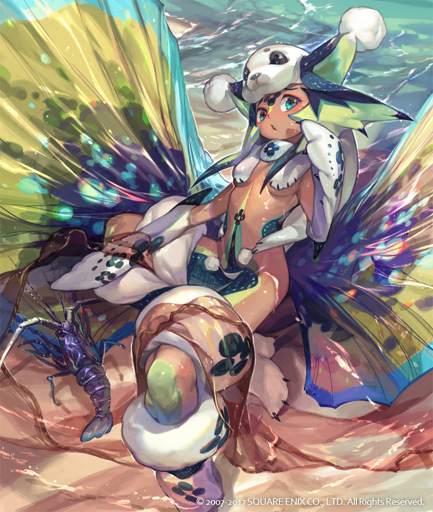 1girl, animal, animal_hands, breasts, copyright_notice, facial_mark, forehead_mark, harp_seal, kima_(lord_of_vermilion), lobster, looking_at_viewer, lord_of_vermilion, official_art, parted_lips, seal_girl, seal_hat, selkie_(mythology), small_breasts, so-taro, solo, tan, underboob