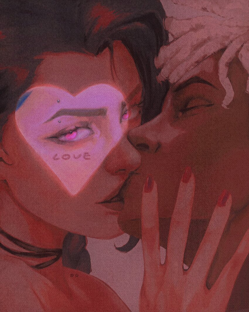 1boy, 1girl, arcane:_league_of_legends, arcane_jinx, closed_eyes, couple, dannyisonfiree, dark-skinned_male, dark_skin, ekko_(league_of_legends), eyebrow_piercing, face_piercing, firelight_ekko, french_kiss, heart, hetero, highres, interracial, jinx_(league_of_legends), kiss, league_of_legends, piercing, pink_eyes, pink_theme, red_nails, valentine, white_hair