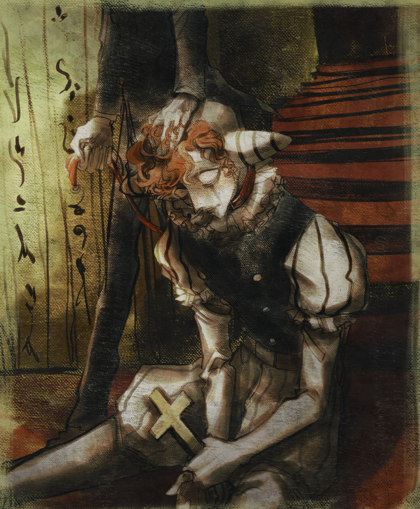 2boys, animal_collar, black_eyes, bloodshot_eyes, clown, collar, constricted_pupils, cross