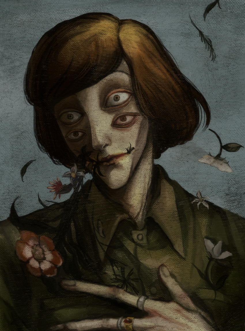 1boy, blue_background, brown_eyes, brown_hair, extra_arms, falling_leaves, flower, flower_in_mouth