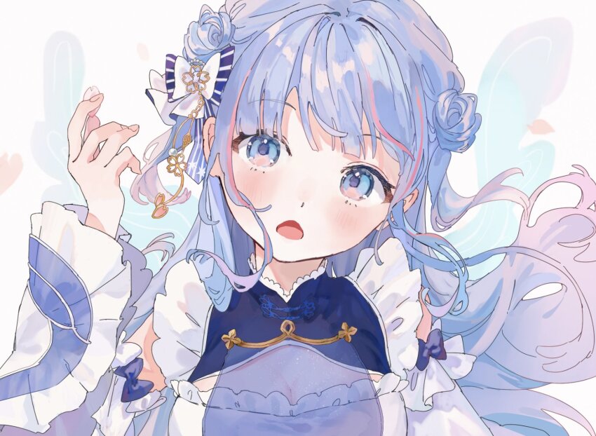 1girl, ame5972, aoi_sakura_(japanese_vtuber), blue_eyes, blue_hair, bow, breasts, cleavage