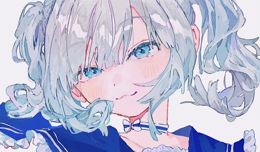 1girl, :3, ame5972, ars_almal, blue_eyes, blue_hair, blue_sailor_collar, bow, bow_choker, choker, closed_mouth, frilled_sailor_collar, frills, gradient_hair, hair_between_eyes, highres, looking_at_viewer, multicolored_hair, nijisanji, sailor_collar, simple_background, smile, solo, striped_choker, twintails, two-tone_hair, virtual_youtuber, white_background, white_hair