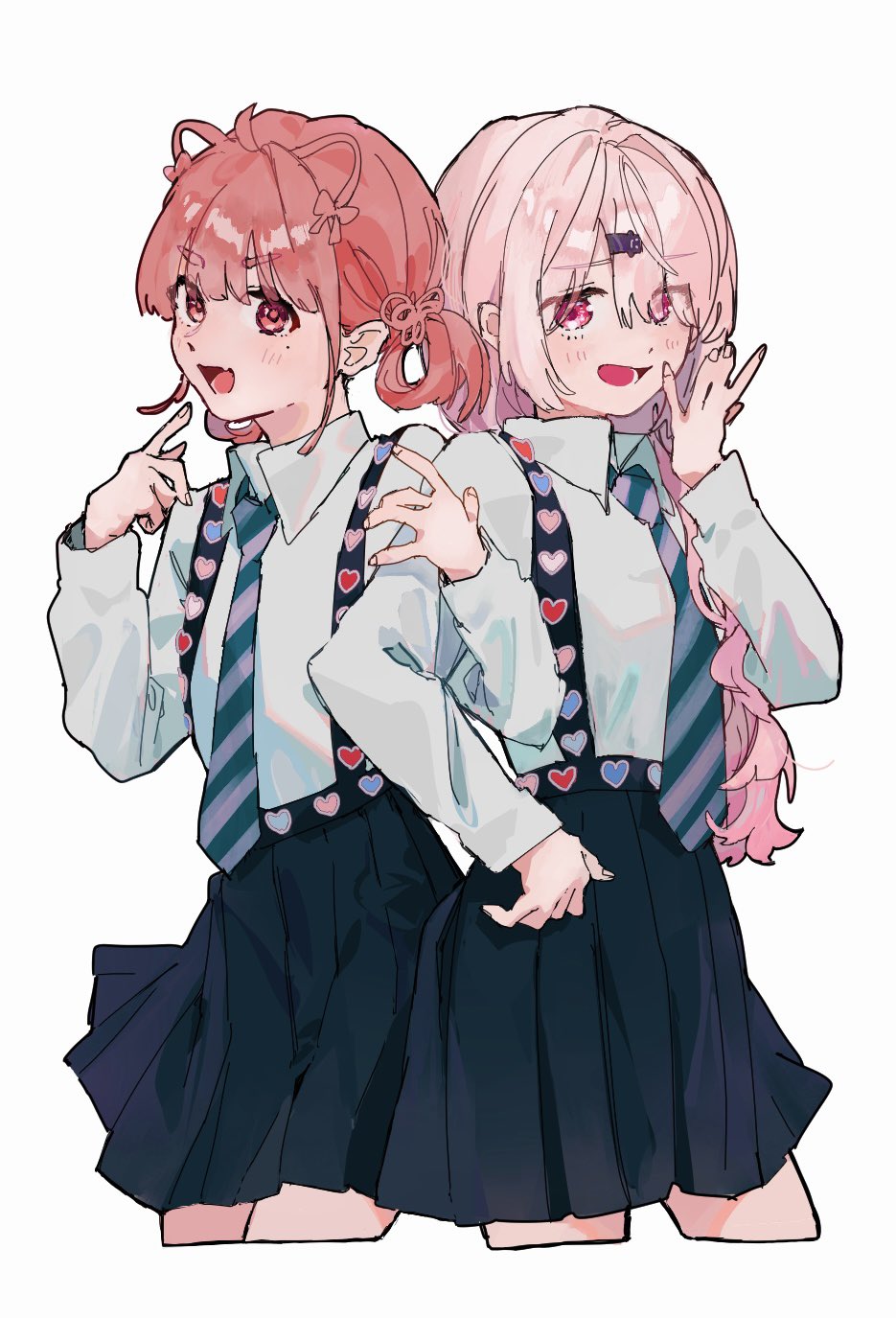 2girls, ame5972, black_skirt, collared_shirt, cropped_legs, fang, hair_between_eyes, hair_ornament