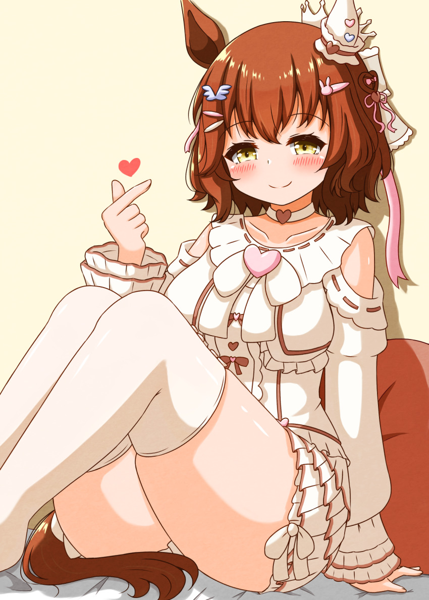 1girl, animal_ears, aston_machan_(everlasting_candy)_(umamusume), aston_machan_(umamusume), azuma_satsuki, bed, breasts, brown_hair