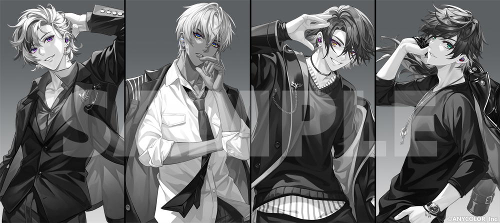 4boys, aviot, blue_eyes, collared_shirt, column_lineup, copyright_notice, curtained_hair, dark-skinned_male