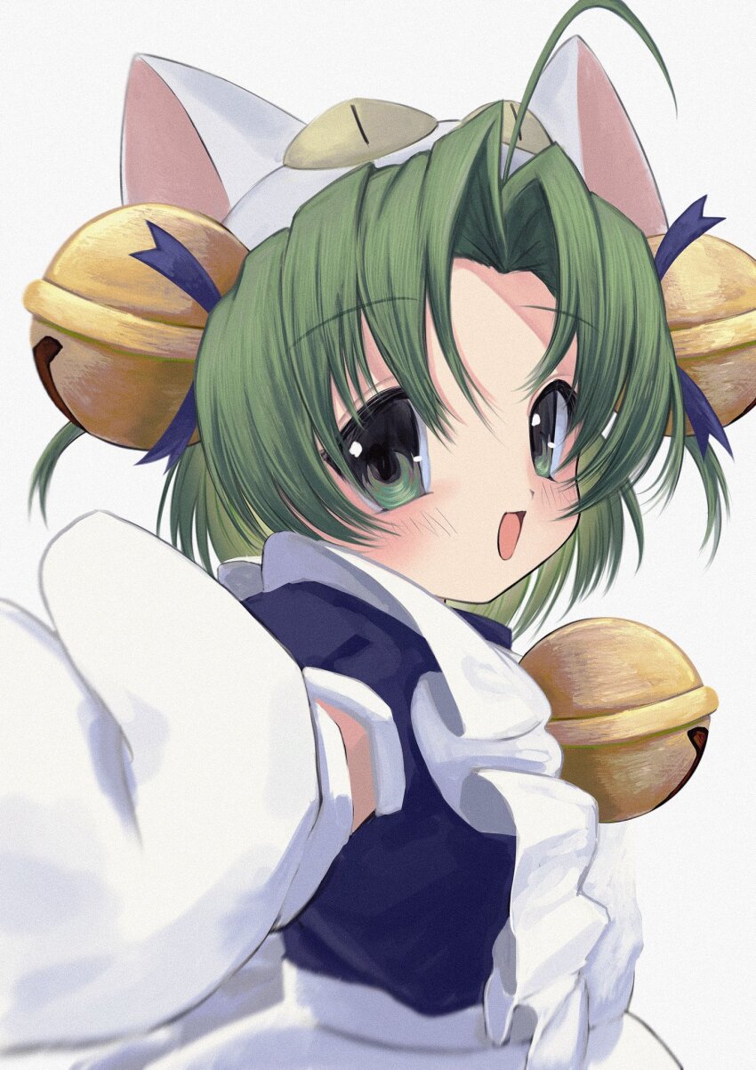 <|>_<|>, 1girl, ahoge, animal_hat, apron, bell, blurry_edges, cat_hat