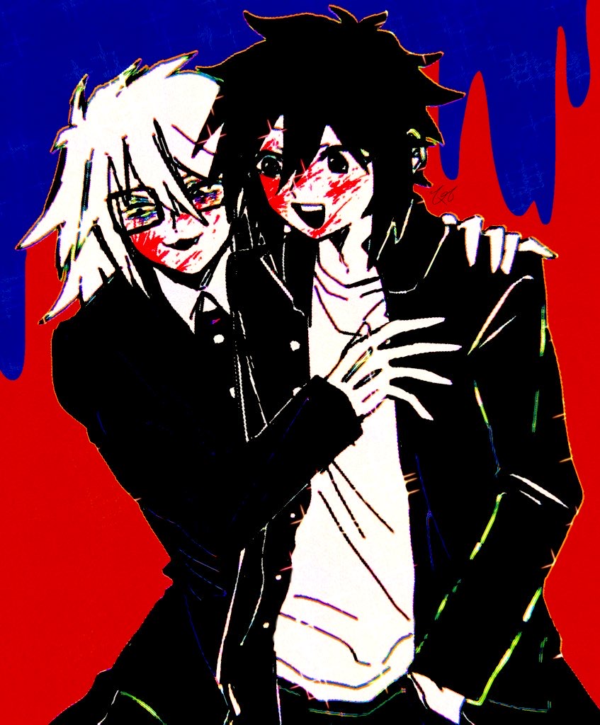 0t0maruchan, 2boys, blood, blood_on_face, commentary_request, fang, gakuran, glasses