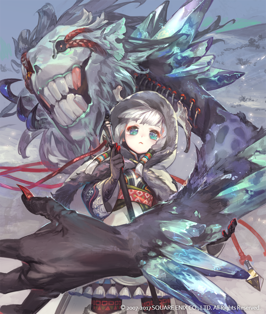 1girl, anyui_(lord_of_vemilion), black_gloves, blue_eyes, capelet, closed_mouth, copyright_notice, fur-trimmed_capelet