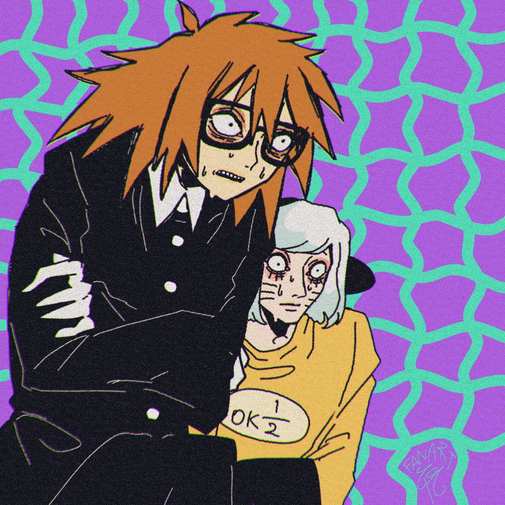 0t0maruchan, 2boys, animal_ears, black_coat, blue_hair, brown_hair, coat, commentary_request, crossed_arms, facial_mark, fake_animal_ears, glasses, long_hair, male_focus, multiple_boys, nyon_(randal's_friends), purple_background, randal's_friends, randal_ivory, shirt, sweat, whisker_markings, yellow_shirt