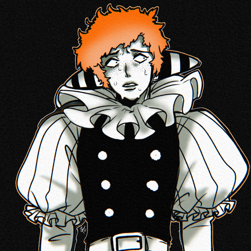 0t0maruchan, 1boy, black_background, black_eyes, clown, commentary_request, freckles, highres