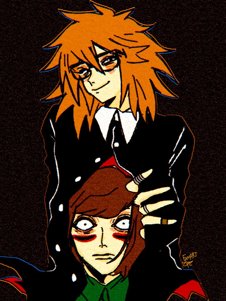 0t0maruchan, 2boys, black_background, black_coat, black_eyes, brothers, brown_hair, coat