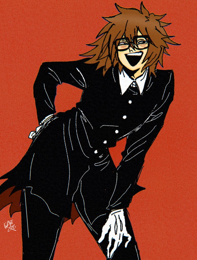 0t0maruchan, 1boy, black_coat, black_eyes, brown_hair, coat, cowboy_shot, glasses, hand_on_own_hip, looking_at_viewer, male_focus, open_mouth, randal's_friends, randal_ivory, red_background, short_hair, simple_background, solo, standing