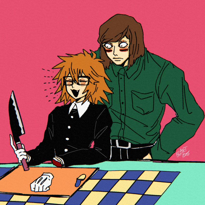0t0maruchan, 2boys, black_eyes, brothers, brown_hair, commentary_request, cutting_board, glasses