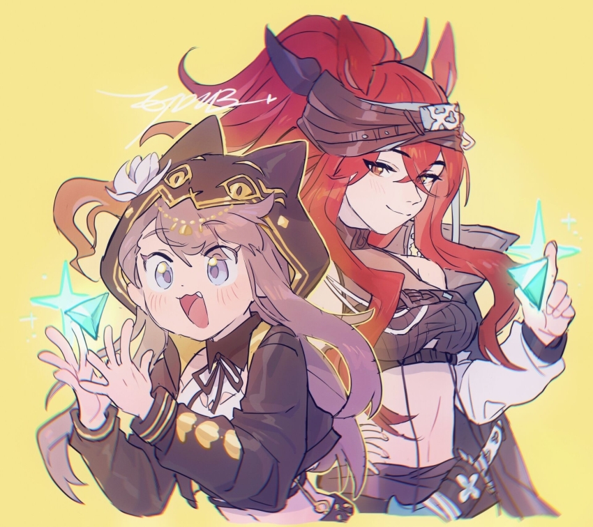 2girls, :d, animal_ears, arknights, bare_shoulders, black_jacket, black_ribbon, blurry