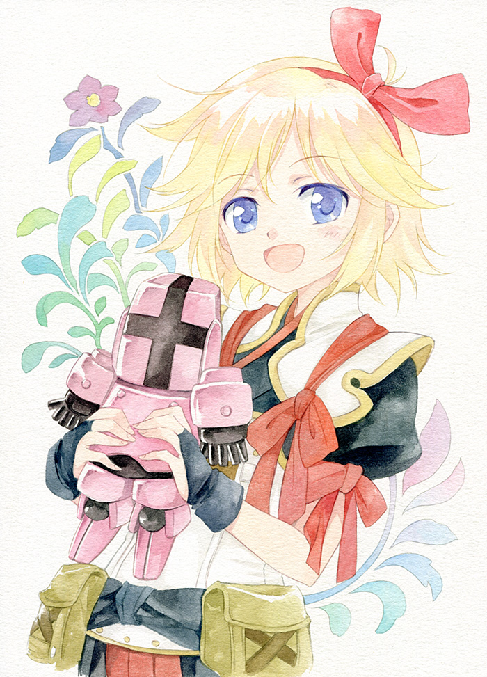 1girl, agahari, belt_pouch, blonde_hair, blue_eyes, bow, bridal_gauntlets, doll