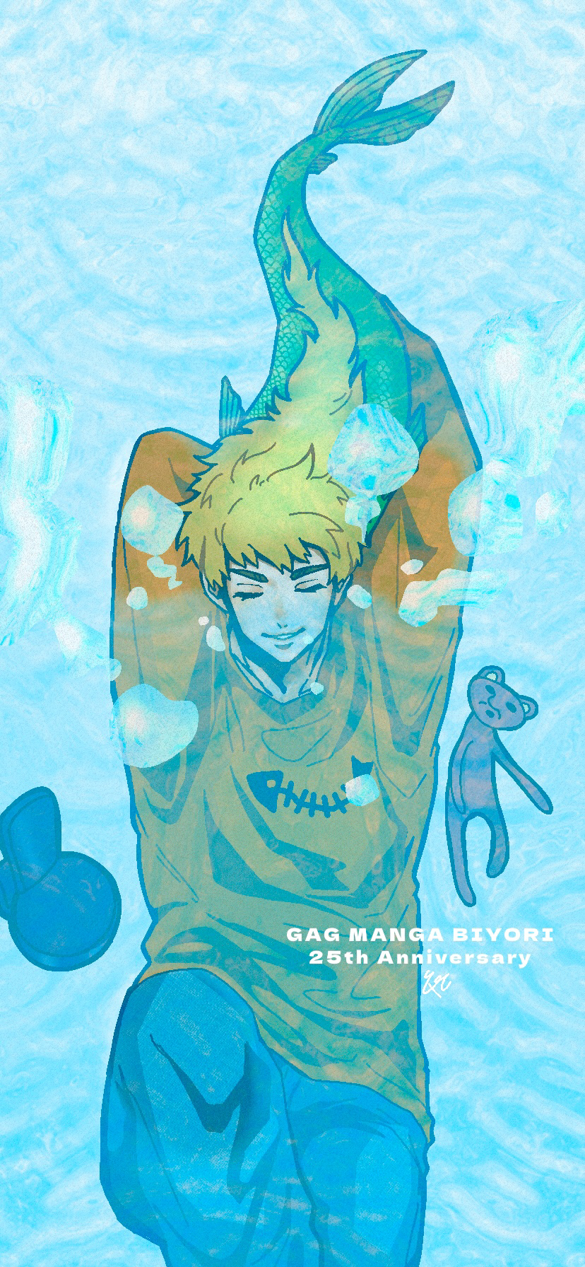 0t0maruchan, 1boy, air_bubble, blonde_hair, blue_background, bubble, closed_eyes, fins, fish_boy, fish_takenaka, gag_manga_biyori, highres, long_hair, male_focus, orange_shirt, shirt, solo, stuffed_animal, stuffed_toy, teddy_bear, underwater