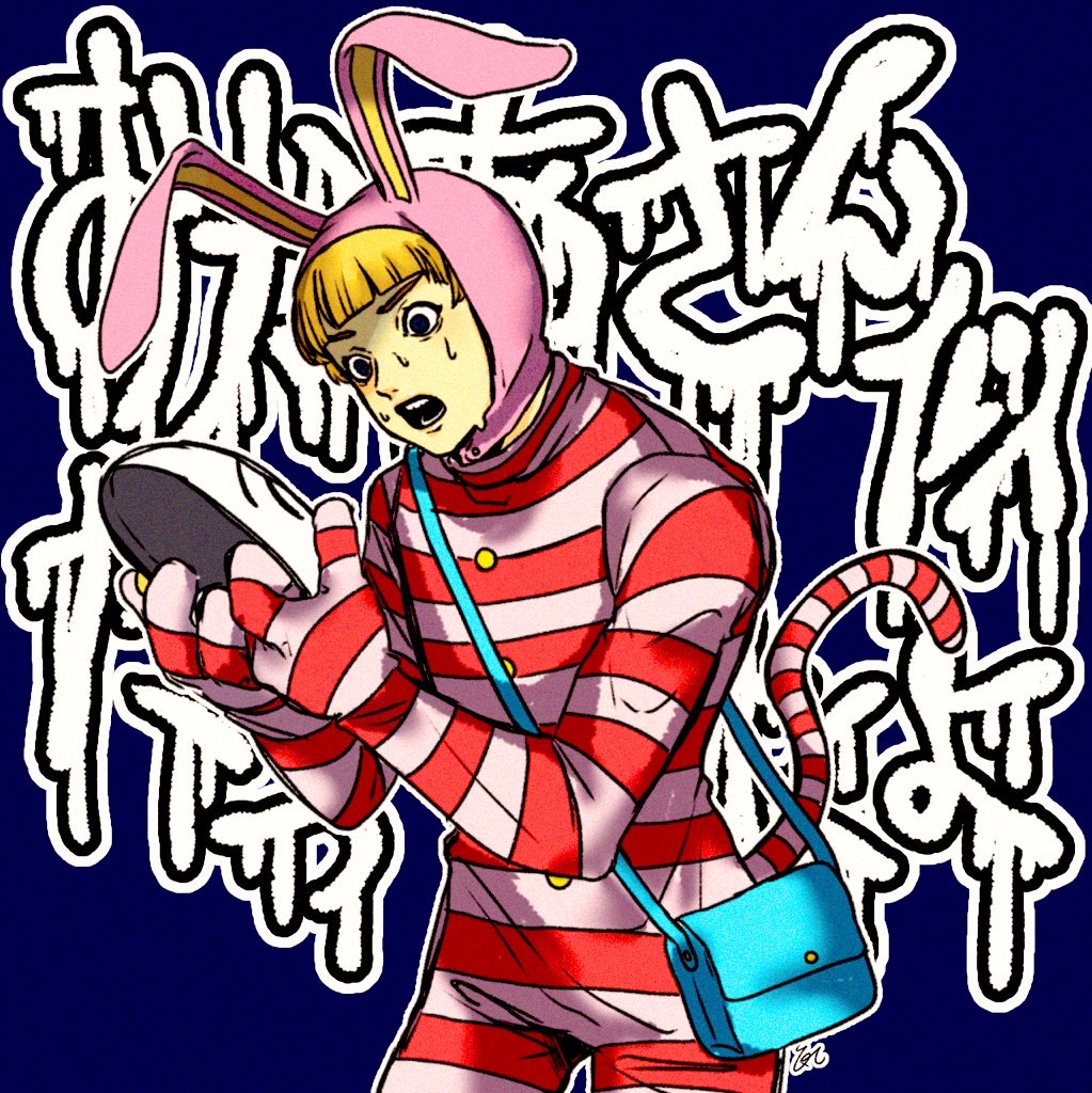 0t0maruchan, 1boy, animal_hat, blonde_hair, blue_background, bodysuit, commentary_request, cowboy_shot