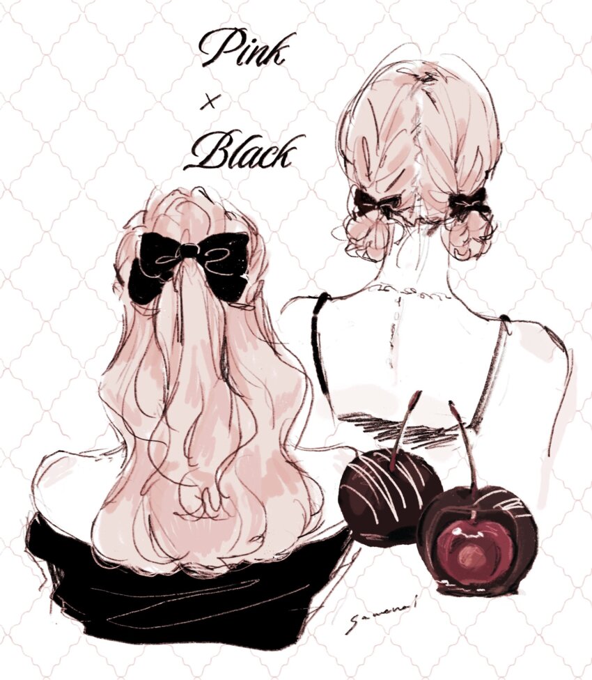 1girl, artist_name, back, bare_shoulders, black_bow, bow, cherry, chocolate