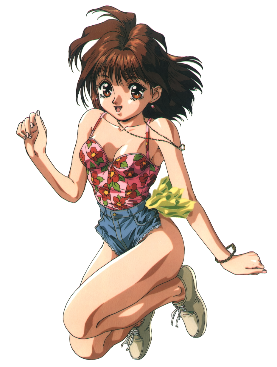 1990s_(style), 1girl, artist_name, bracelet, breasts, brown_eyes, brown_hair, cleavage