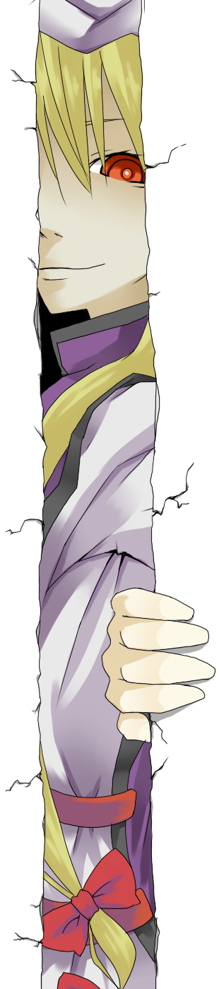 1girl, bad_id, bad_pixiv_id, blonde_hair, bow, cowboy_shot, crack, dress