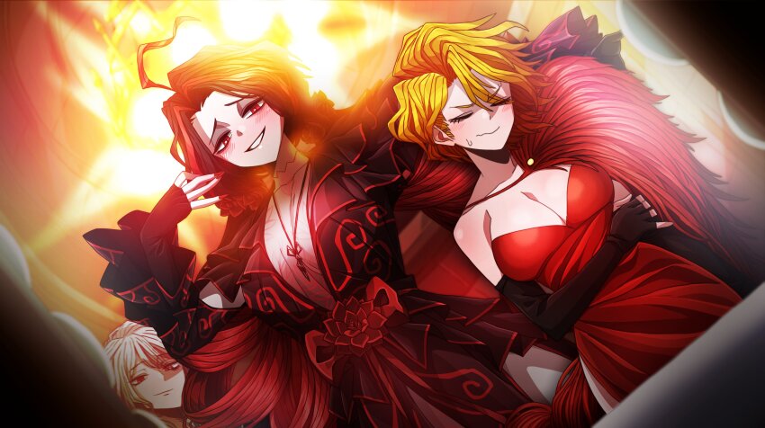 absurdres, b2k, black_dress, black_hair, blonde_hair, blush, breasts, don_quixote_(project_moon)