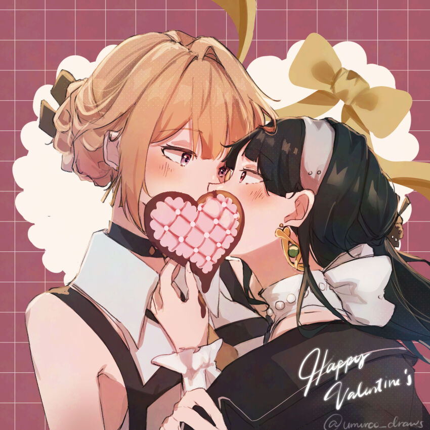 2girls, astra_yao, bare_arms, black_coat, black_hair, blonde_hair, candy, chocolate, chocolate_heart, coat, collared_shirt, commentary, earrings, english_commentary, evelyn_chevalier, eye_contact, food, grid_background, hair_bun, hairband, heart, heart-shaped_food, highres, jewelry, kiss, looking_at_another, multiple_girls, pink_background, purple_eyes, red_eyes, shirt, umuroo_draws, upper_body, white_hairband, white_shirt, yuri, zenless_zone_zero