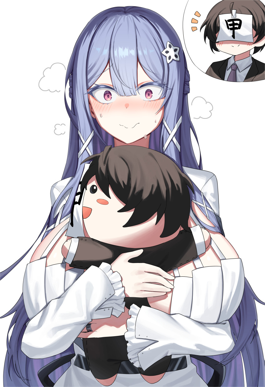 1boy, 1girl, absurdres, administrator_(counter:side), between_breasts, blush, blush_stickers, breasts