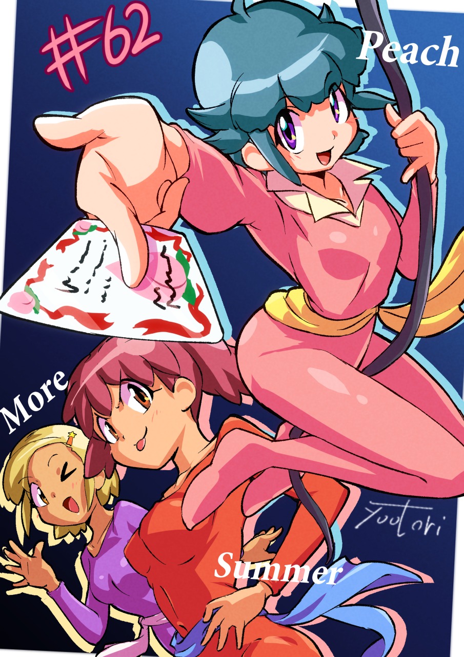 >_o, 3girls, angol_mois, between_fingers, blonde_hair, bodysuit, brown_hair, collarbone