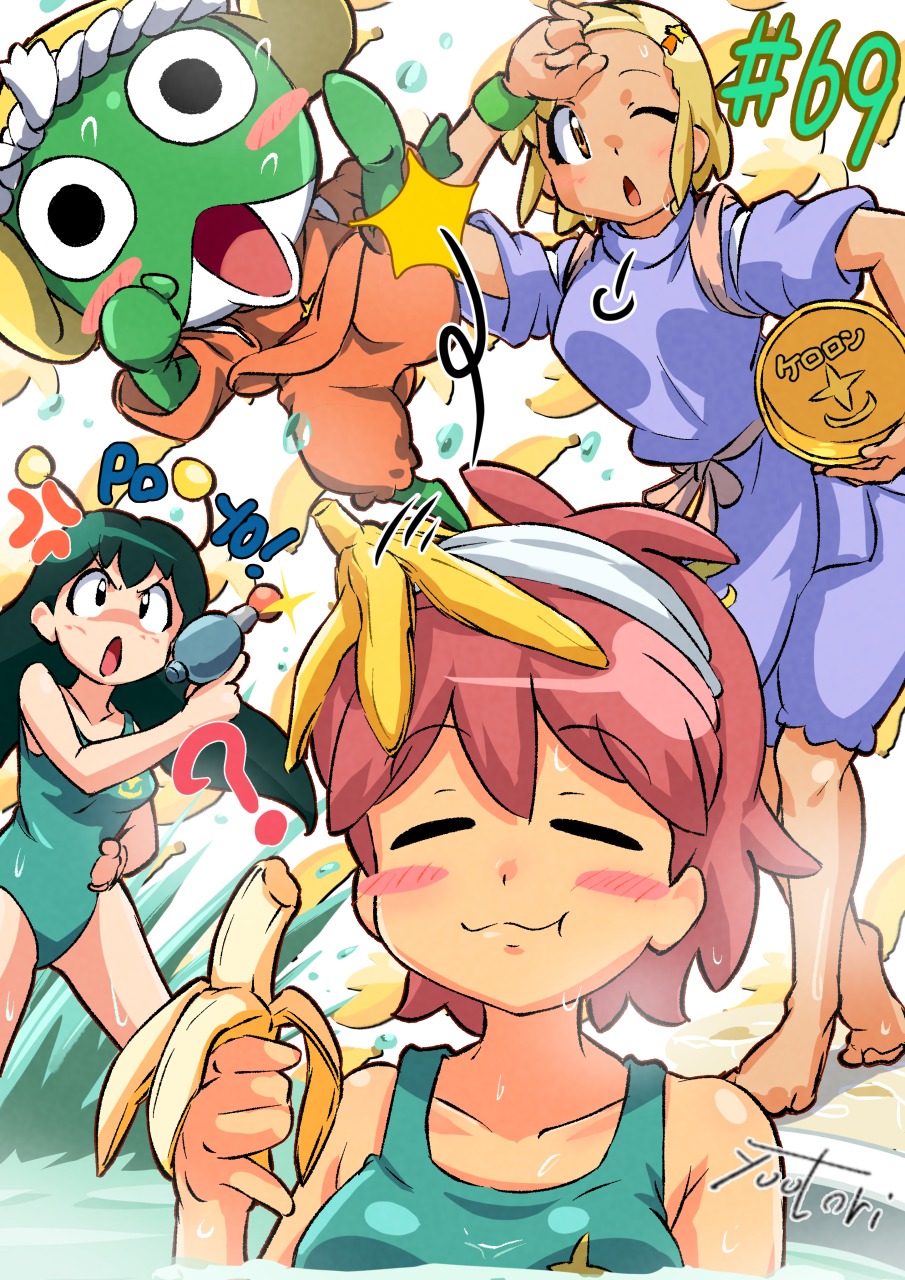 3girls, :3, ?, angol_mois, antennae, banana, banana_peel, barefoot