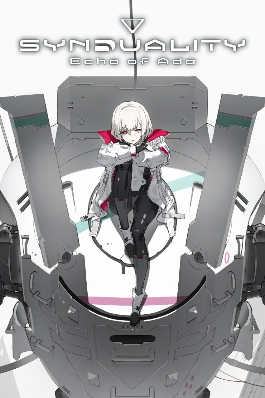 1girl, ada_(synduality), arms_on_knees, belt, bob_cut, bodysuit, boots, bowie_rabbit