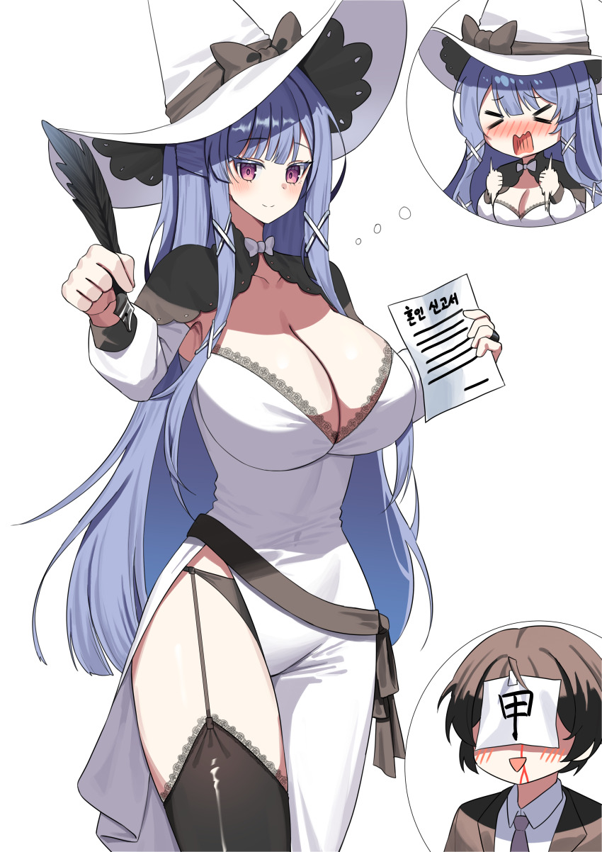 >_<, 1boy, 1girl, :>, absurdres, administrator_(counter:side), alternate_costume, bad_proportions