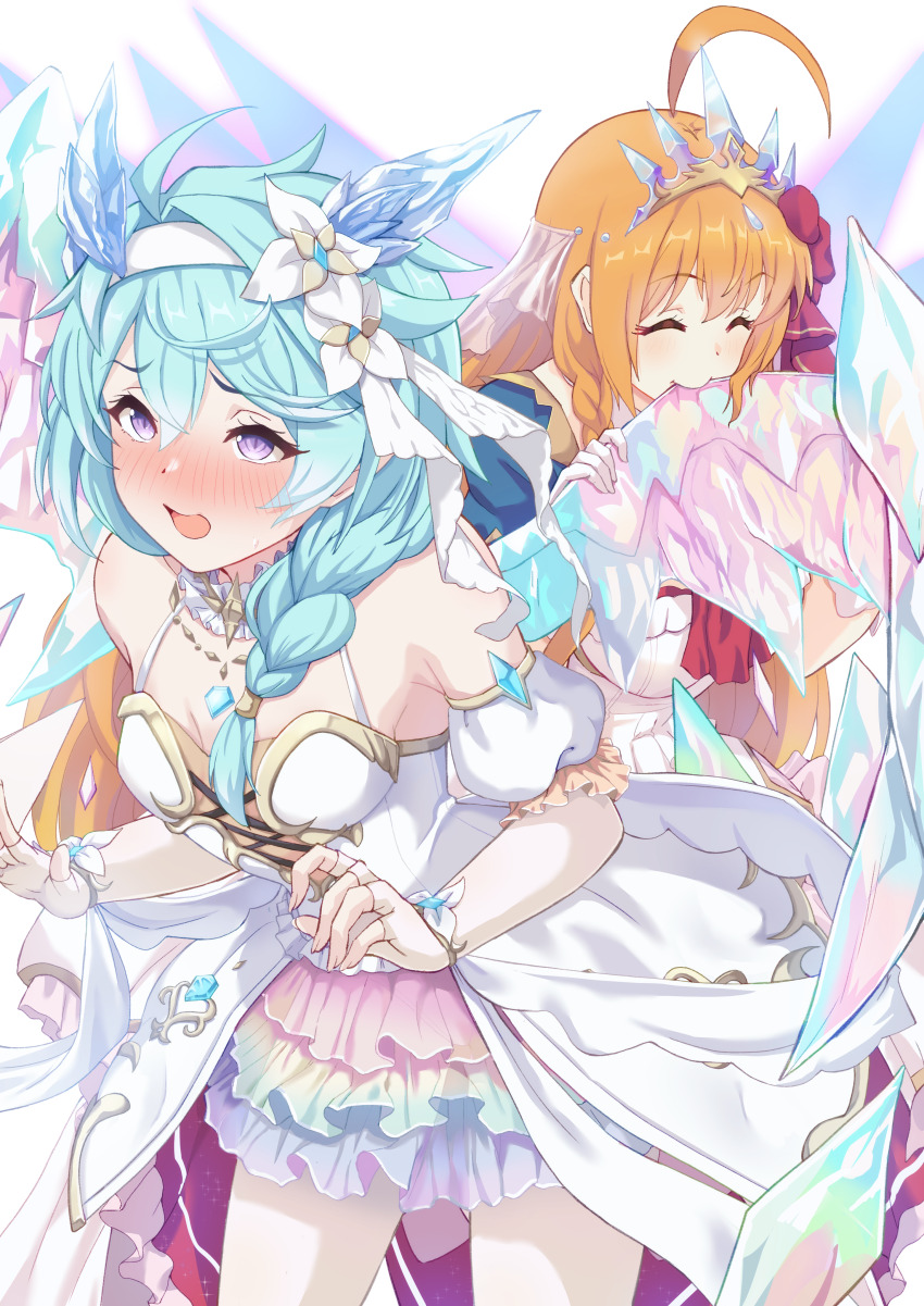 2girls, absurdres, ahoge, ascot, bare_shoulders, blue_eyes, blue_gem, blue_hair