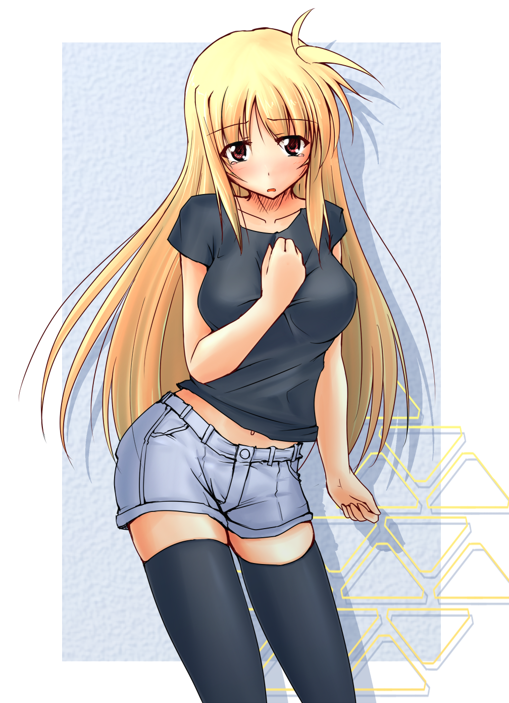 00s, 1girl, black_thighhighs, blonde_hair, blush, breasts, fate_testarossa, female_focus